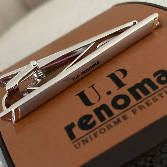 U.P. RENOMA Silvertone Cufflinks and Tie Clip Set